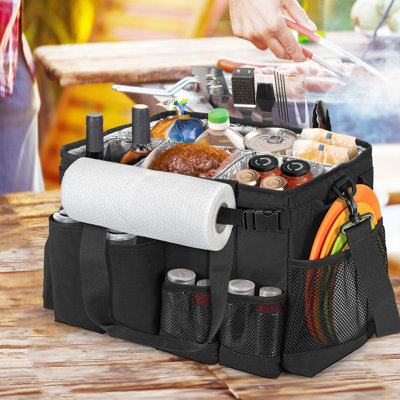Large Grill Utensil Caddy With Paper Towel Holder, Outdoor Picnic Bag Organizer For BBQ Supplies Tool, Tailgating Accessory Basket Camping Gear Must Haves For Cook Essentials, Black, Bag Only