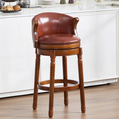 Cow Top Leather Wooden Bar Stools, 360 Degree Swivel Bar Chair With Backs,Bar Height Couner Height Barstools  For Home Kitchen Dining Room And Bar Room(1Pc)