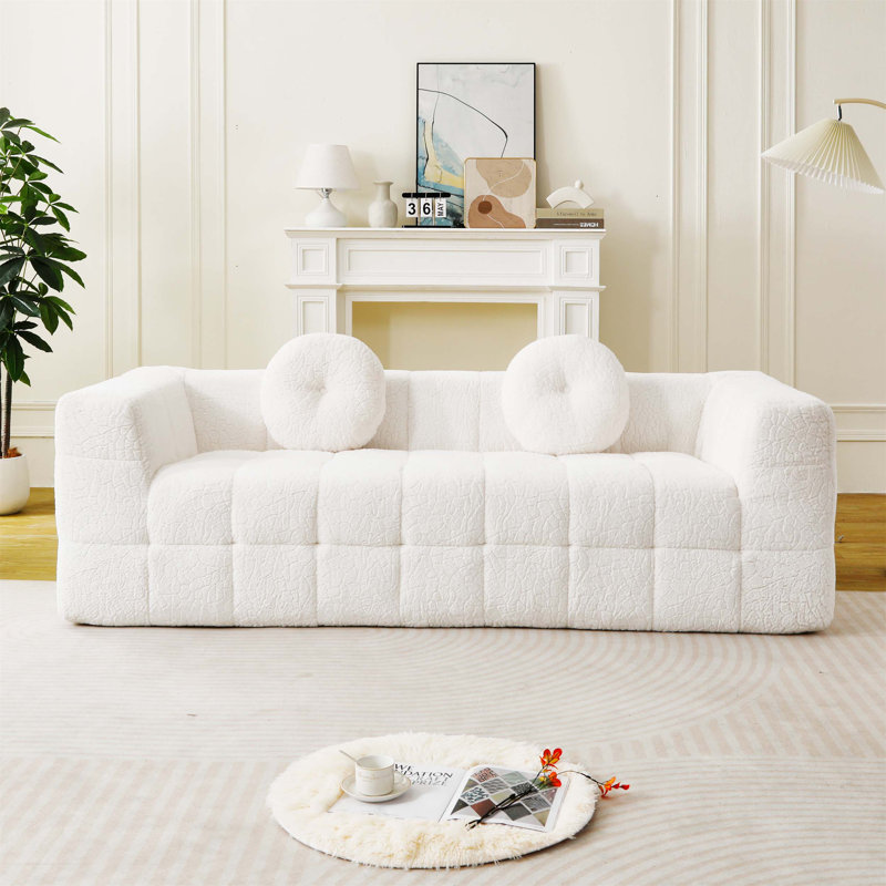 Canapé moderne de 84,6 pouces avec deux coussins décoratifs, tissu en polyester à poils longs texturé litchi doux pour la peau, canapé à trois places en mousse à carreaux
