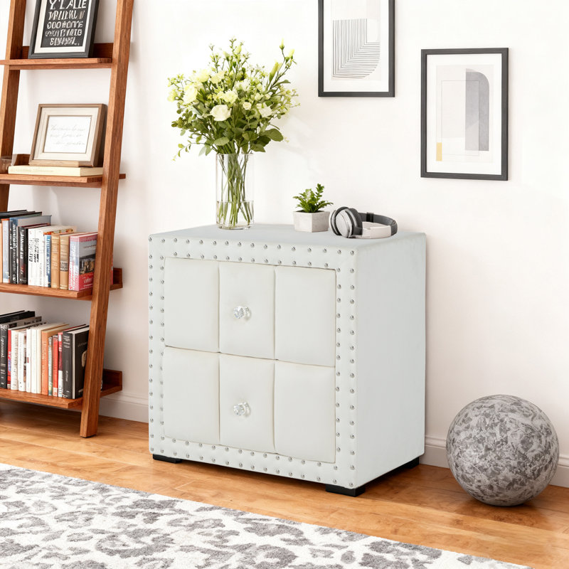 Table de chevet rembourrée à 2 tiroirs avec garniture cloutée pour la chambre à coucher, aucun assemblage requis, Beige
