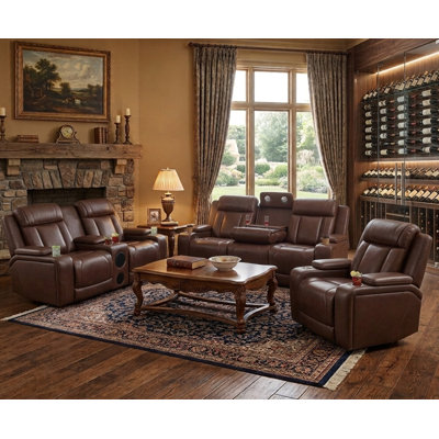 Ensemble de canapé de salon inclinable 3 pièces cognac espresso avec haut-parleurs Bluetooth, recharge sans fil et lumières DEL