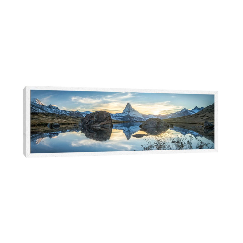 Scenic View Of The Matterhorn And Stellisee In The Swiss Alps by Jan Becke - Panoramic Print on Canvas, White Framed