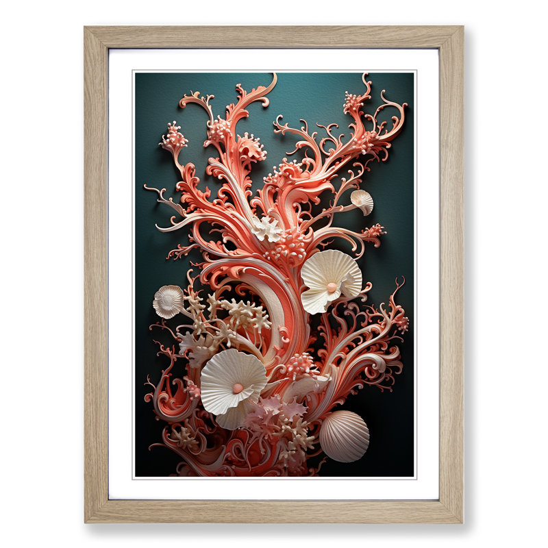 Coral Baroque - Single Picture Frame Print on Wood, Oak Framed, 64cm H x 46cm W x 2cm D
