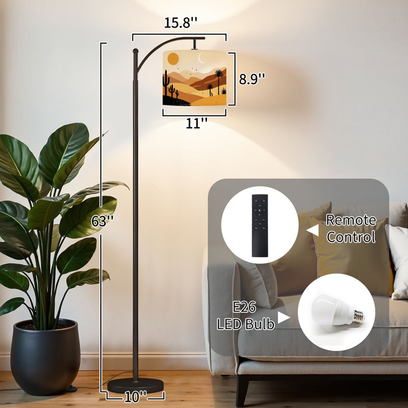 Lampe sur pied à arc avec abat-jour réglable Paysage désertique Cactus Silhouettes Sun Crescent Moon Warm Sand Dunes Lampe sur pied 3 températures de couleur à intensité variable, grand lampadaire avec interrupteur au pied pour la chambre à coucher