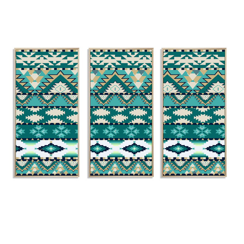 Aztec Geometrics - ensemble d'art moderne sur toile encadrée moderne de 3, H 28 po x l 36 po x P 1 po, Brun