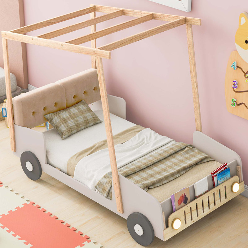 Lit voiture en bois avec coussin, toile de plafond et DEL, Simple