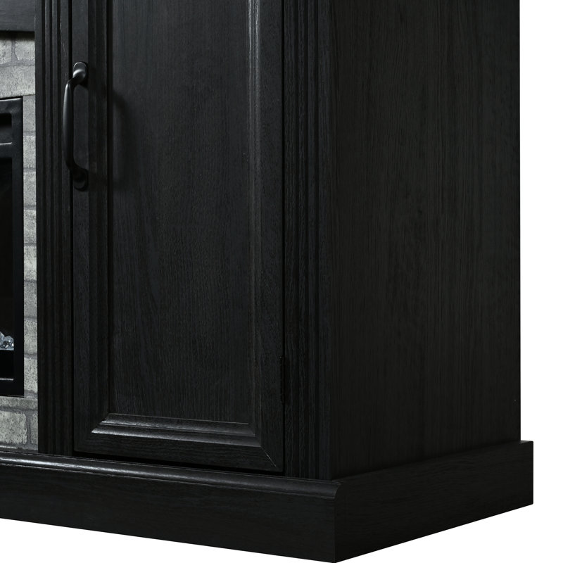 Meuble télé avec foyer électrique et solution de rangement polyvalente, support de 178 cm (70 po), fini noyer, armoire noire, tiroir et étagères pour l'organisation du salon. Plateau, base et grand espace de rangement pour appareils multimédias et objets personnels.