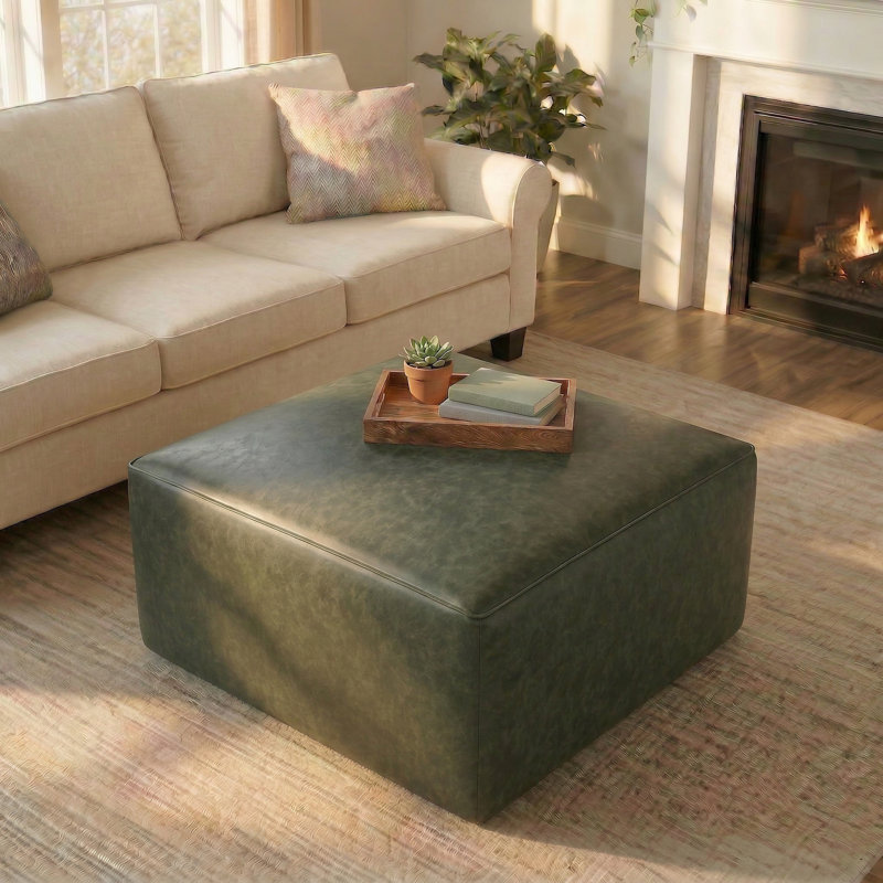 Large Square PU Leather Upholstered Ottoman with Solid Wood Frame, Ottoman Coffee Tablel  for Living Room Bedroom, Green