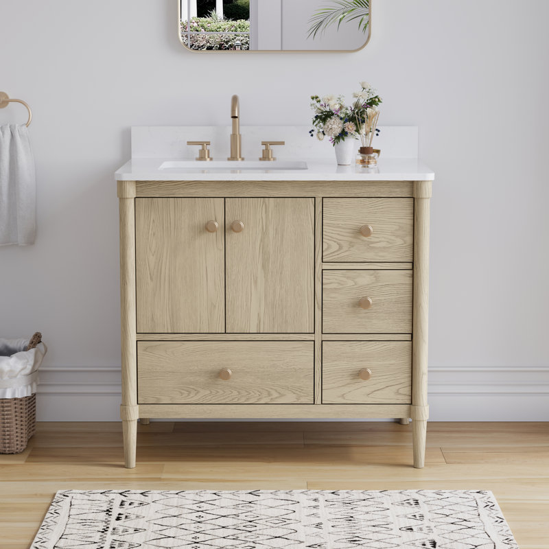 36"W X34''H Solid Wood Bathroom Vanity With Carrera White Quartz Top And Single Sink