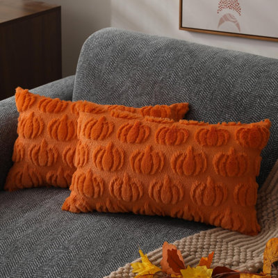 Housses de coussin d'automne 45x45 cm (lot de 2) - Motif citrouille orange pâle - Décoration automnale - Ensemble de 2 housses de coussin décoratives en fausse fourrure douce et peluche - Coussin pour canapé, fauteuil, chambre, salon - Décoration intérieure