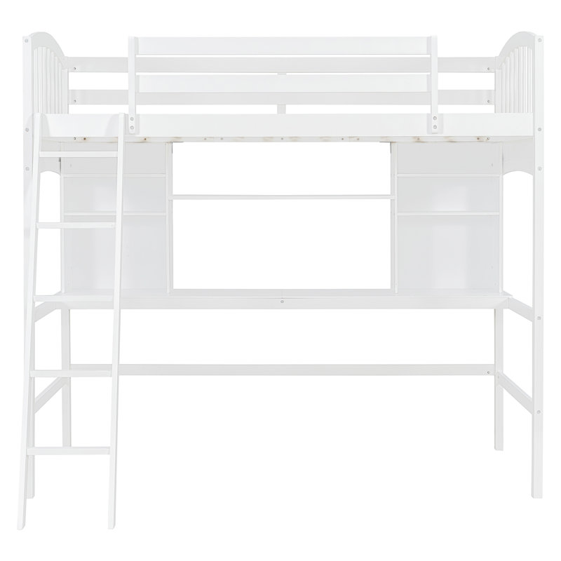 Twin Solid Wood Loft Bed with Desk and Bookcase, Twin, White