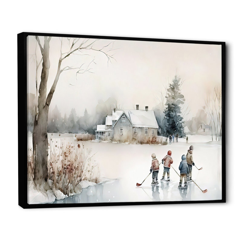 Enfants jouant au hockey en hiver II, H 16 po x l 32 po x P 1 po, Toile avec cadre flottant noir