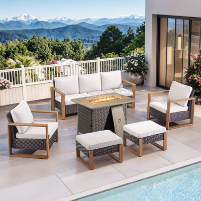 Aldiana 6-Piece Outdoor Conversation Set With Fire Pit Table, 7-Person Wicker Patio Seating With Sofa, Armchairs And Ottomans