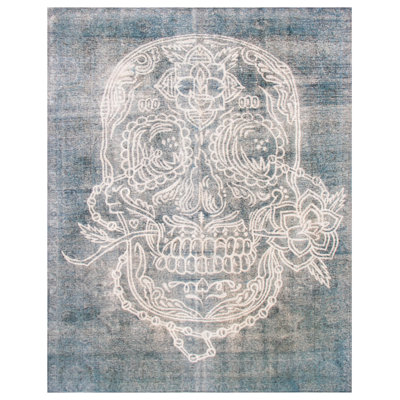 Tapis bleu foncé / blanc en laine noué à la main 9 pi 7 po x 12 pi 5 po
