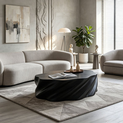 35" Fully Assembled Petal Coffee Table – Sculptural Matte Black Fiberglass, Modern Organic Design, No Assembly, Multi-Scene Center Table