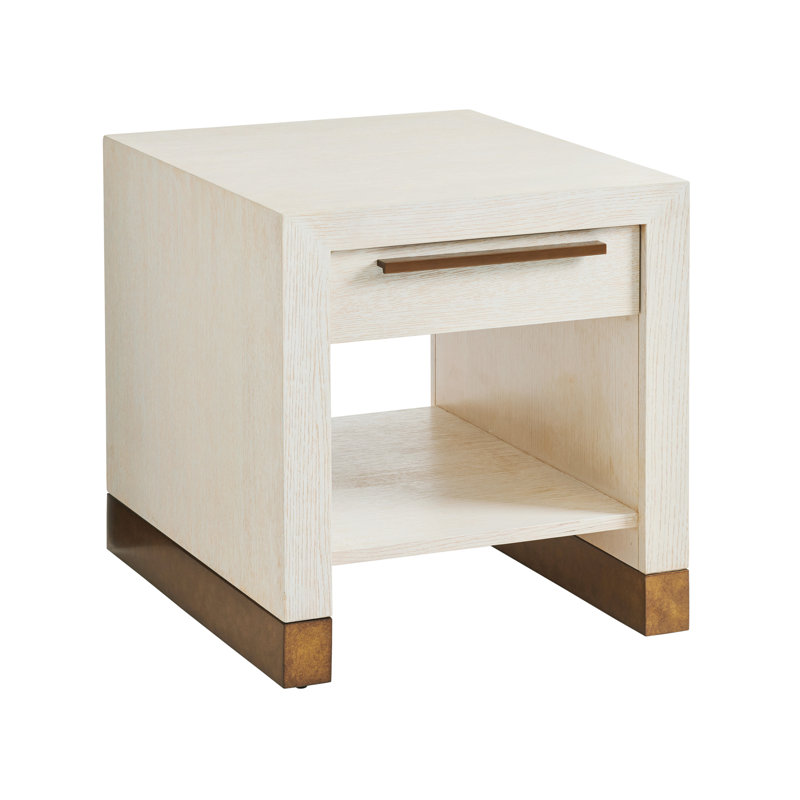 Modern Carmel Cream White Oak End Table with Brass Accents