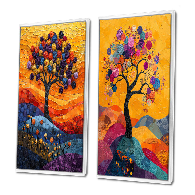 Ensemble de 2 œuvres d'art sur toile orange, branches de folklore orange Tree of Life III, H 28 po x l 24 po