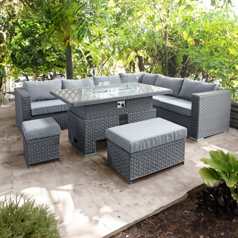 Oseasons® Buxton Rattan 9 Seat Rising Firepit Corner Set in Ocean Grey with Grey Cushions