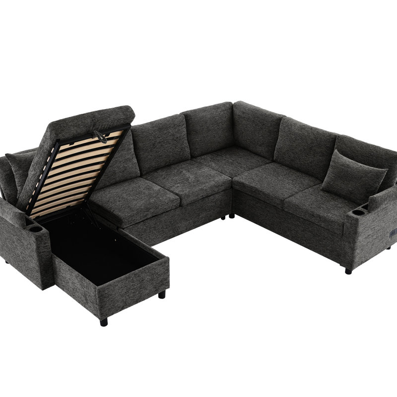 Lit en forme de U en gris avec amplement d'espace de rangement et tissu de chenille doux Caractéristiques d'optimisation modernes