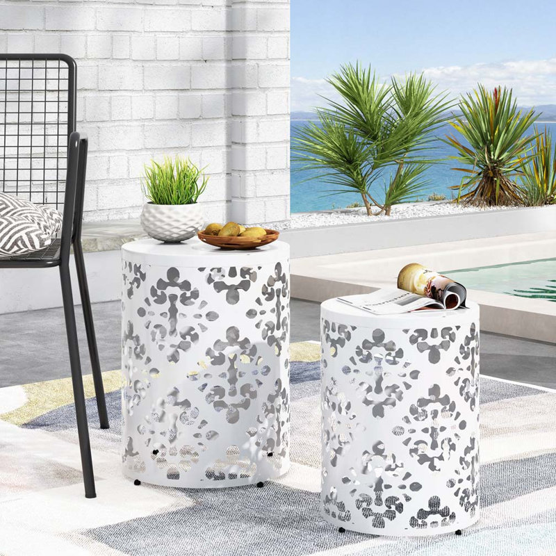 Patio End Table with Metal Frame,Round Top and Straight Cylindrical Shape, White