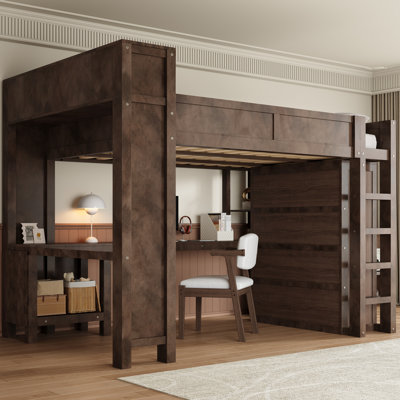 Queen Wooden Loft Bed with Desk, Wardrobe & Storage Headboard with USB, Brown