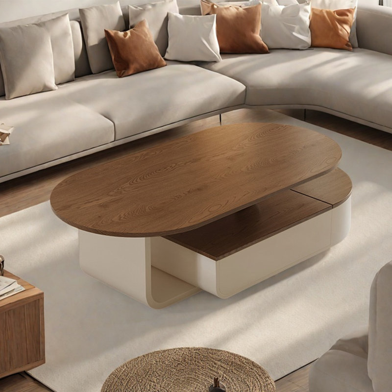 Table basse moderne simple ovale, Blanc, Noyer foncé, H 16,5 po x L 51,2 po x l 27,6 po