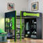 Lit mezzanine en bois avec bureau, garde-robe ouverte et lumière RVB-607811505
