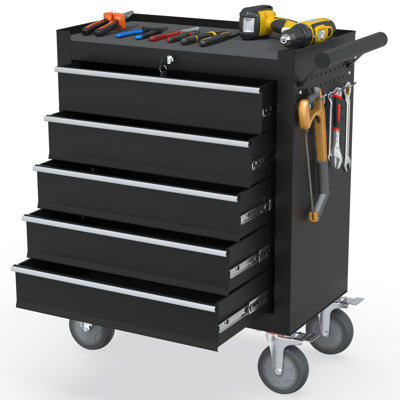 Chariot à outils et table de travail robustes avec 5 tiroirs, roulettes verrouillables et tapis antidérapant