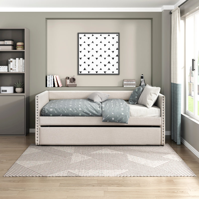 Lit gigogne escamotable moderne avec poches latérales, lit de jour simple rembourré et garniture cloutée, Beige