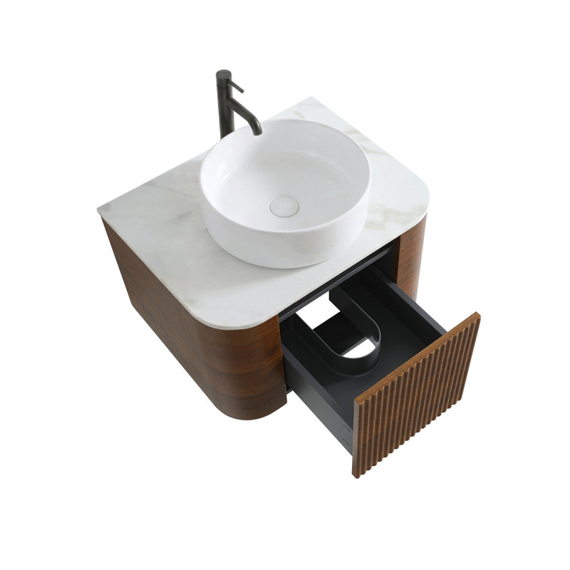 Meuble-lavabo Erba de 24 po avec lavabo, armoire murale en noyer avec porte-serviettes gratuit, lavabo simple en céramique blanche, sans drain et robinet, pré-assemblé