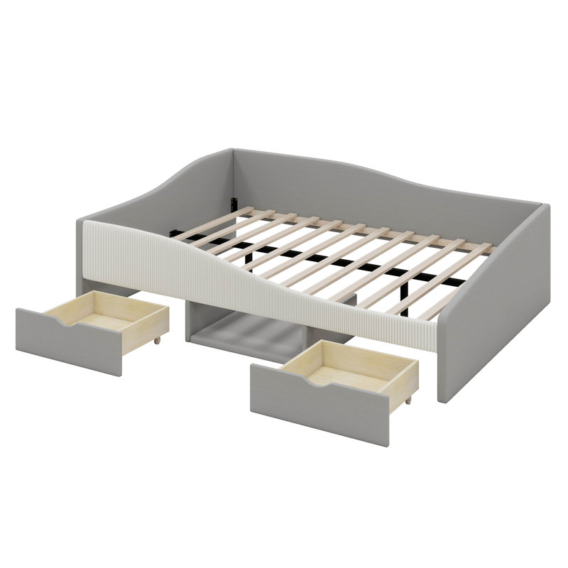 Lit de jour rembourré avec 2 tiroirs de rangement et garde-corps profilé, lit plateforme en bois avec tablette rembourrée