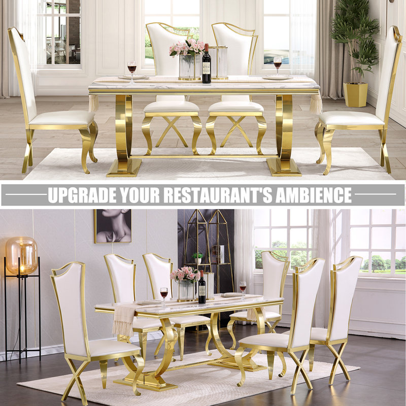 White Faux Leather and Gold Metal Parsons Dining Chairs Set of 6