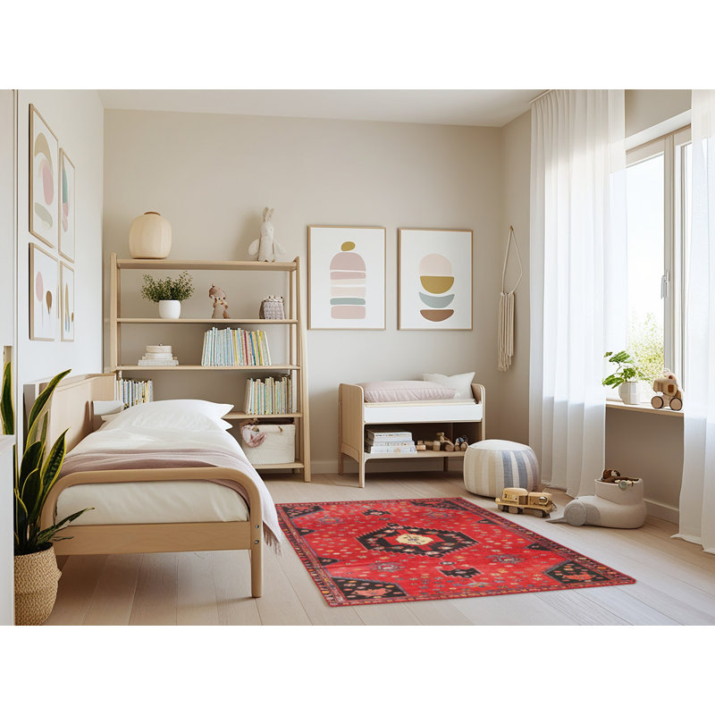 Tapis traditionnel rouge / vert, Rectangle 3 pi x 5 pi