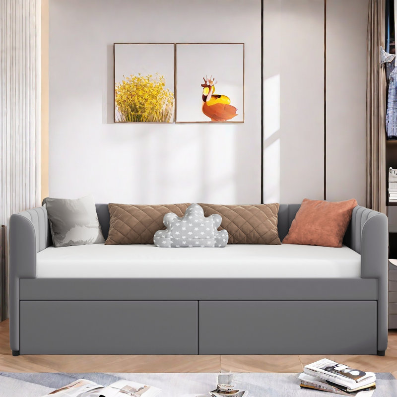 Upholstered Daybed With Ergonomic Design Backrest And 2 Drawers, Gray