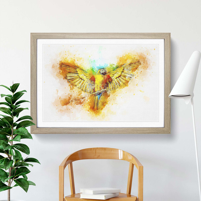 Macaw Parrot with Wide Wings in Abstract - Framed Print, 27cm H x 36cm W x 2cm D, Oak Framed