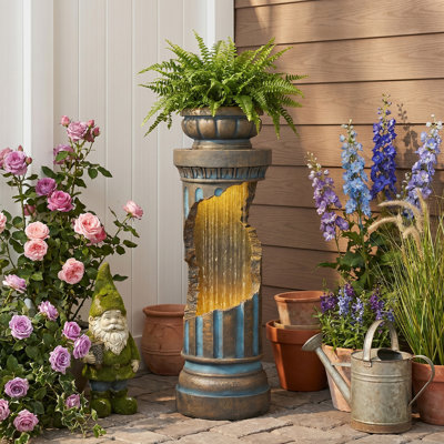 Grande fontaine extérieure de 32,3 po avec lumières à DEL et jardinière, fontaine à colonne romaine fissurée rustique, cascade sur pied pour patio, terrasse, porche, arrière-cour et décoration intérieure