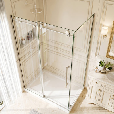 48" W x 32" D x 72" H Sliding Frameless Shower Enclosure with 5/16" Clear Glass，Brushed Nickel