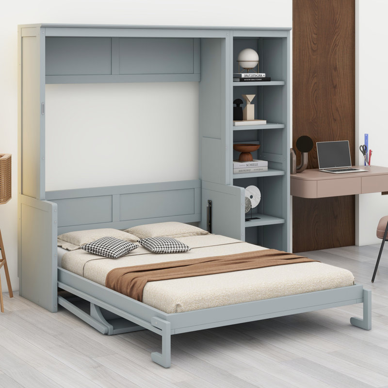 Murphy Bed With Desk And Bookshelf, Gray, Full