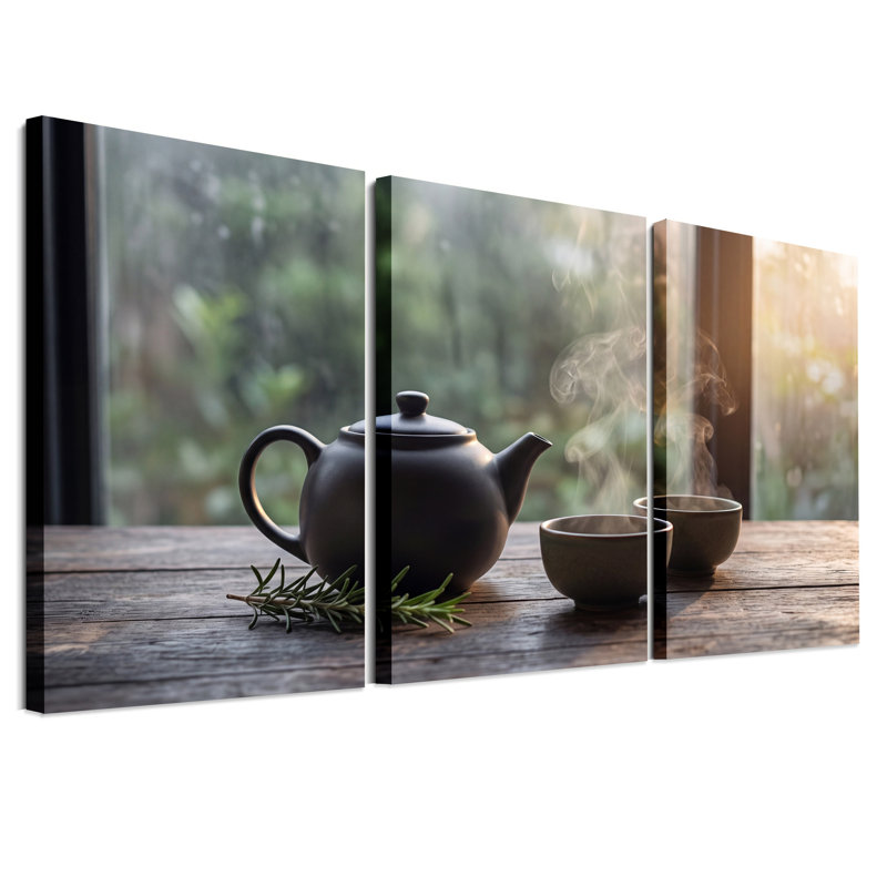 Théière noire et tasses de thé fumantes avec romarin sur table en bois, ensemble de 3 toiles, H 24 po x l 16 po x 3 pièces