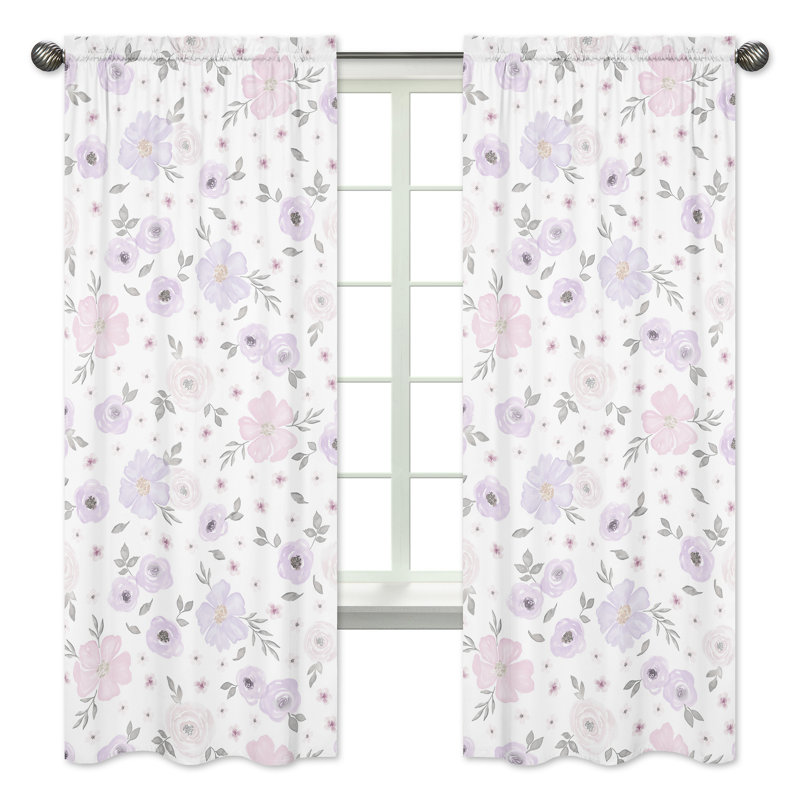 Watercolor Floral Semi-Sheer Rod Pocket Curtain Panels, Lavender/Purple/Pink