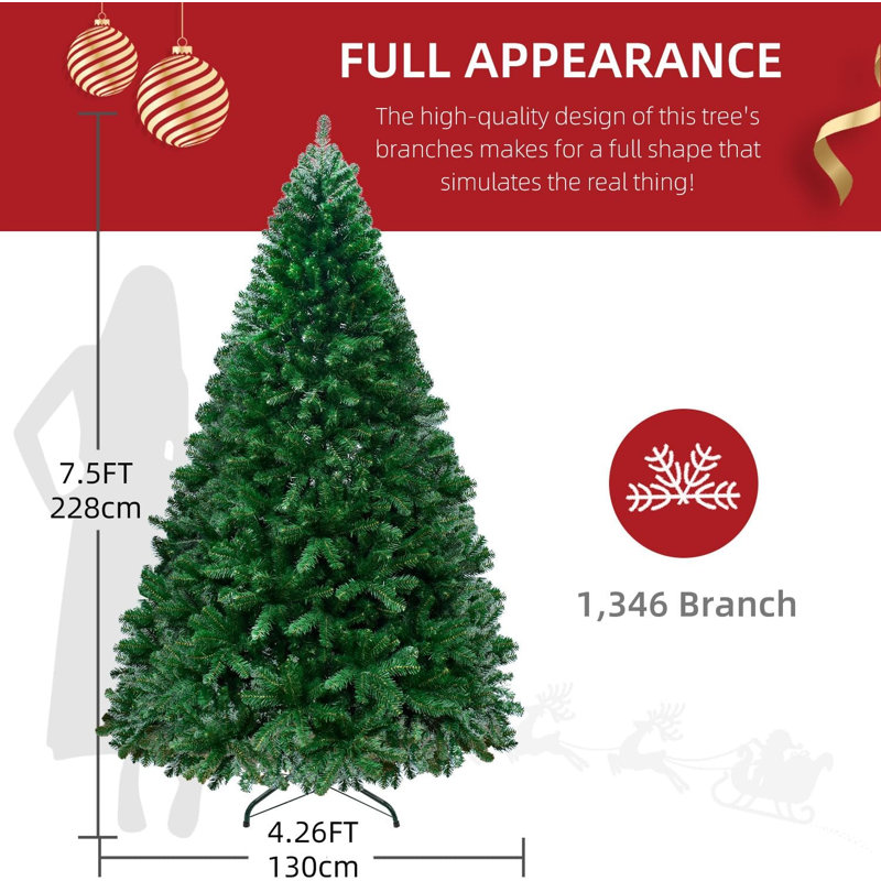 Sapin de Noël artificiel de 2,3 m (7,5 pi), vert, non illuminé, avec charnières pour la décoration intérieure des fêtes.