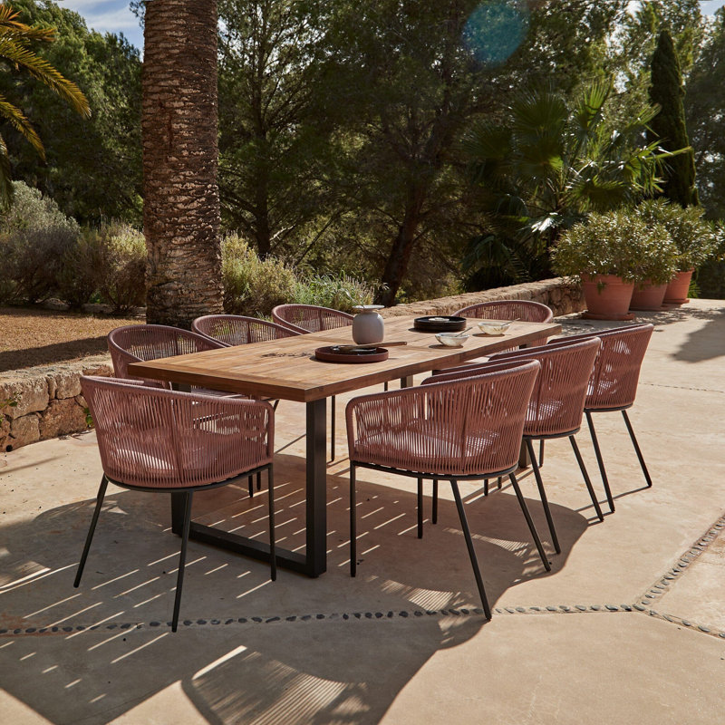 Fabiano Rectangular 8 - Person 235cm Long Dining Set with Cushions and Umbrella, Pink with Cream Parasol
