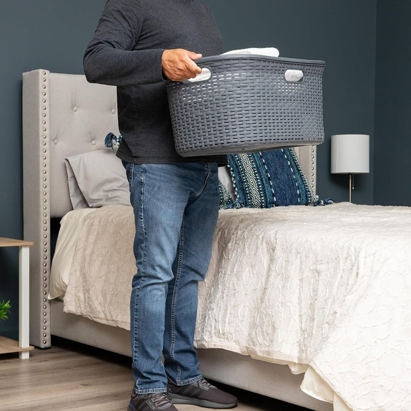 40L Grey Laundry Basket – Plastic Wicker-Style Clothes Hamper | Large Durable Storage For Laundry, Bedroom & Bathroom