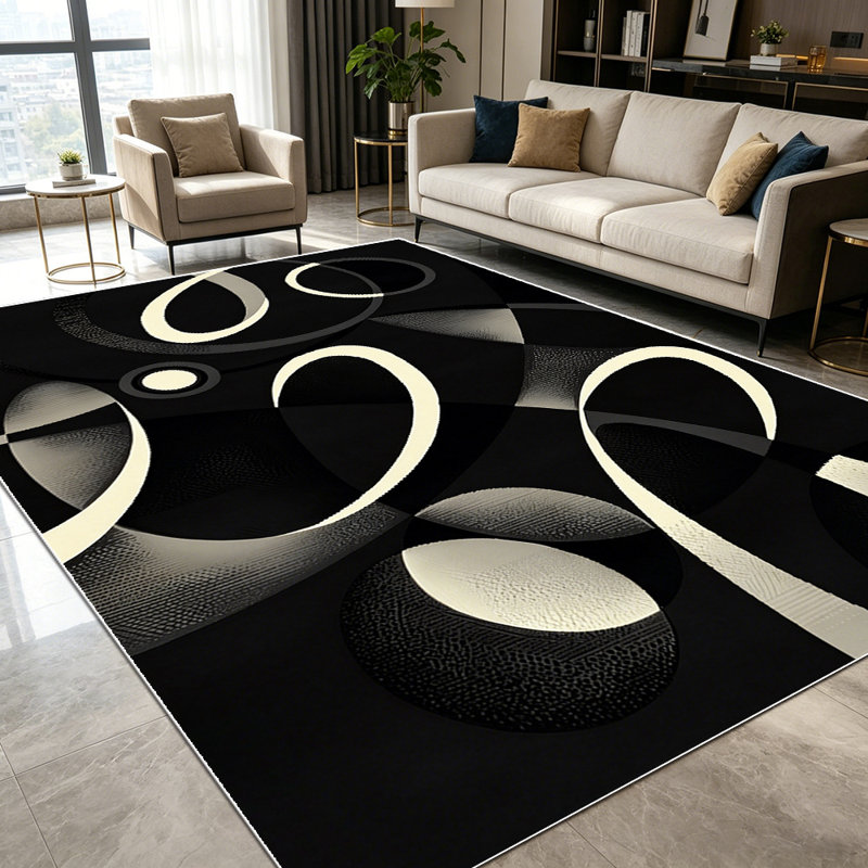 1PC Modern Abstract Black and Beige Geometric Circular Swirl Pattern area rugs for Living Room, Soft and Comfortable, Suitable for all seasons, easy-to-maintain, machine washable Indoor floor mat, Under Table Farmhouse suitable for dining table,