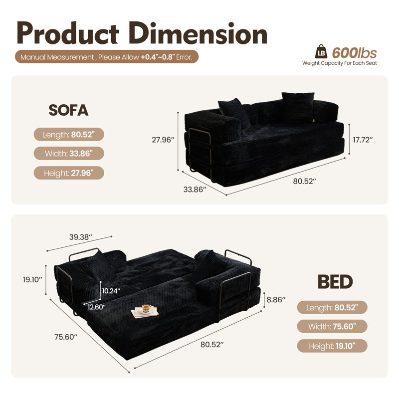 Modern 80" Modular Sleeper Sofa Bed, Cloud-Like Corduroy Couch with High-Resilience Foam for Cozy Living Spaces, Black