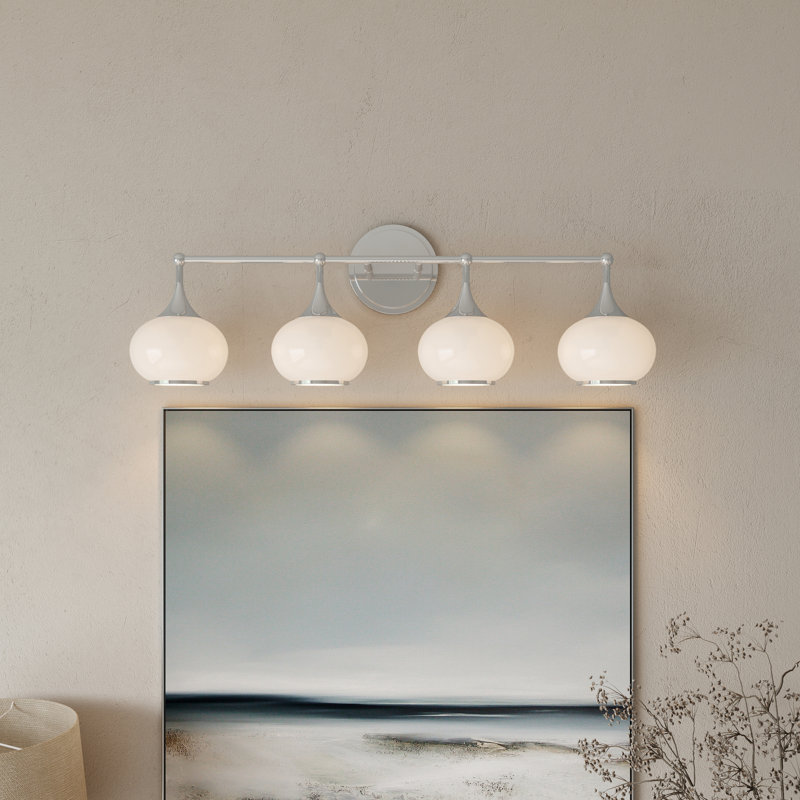 Dimmable Bathroom Wall Light with White Glass Shades, 27cm H x 81.9cm W x 18.9cm D, Chrome, 4