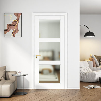 28" X 80"3-Lite French Interior Tempered Frosted Glass Door Slab for Pantry Doors, French & Pocket Doors, Solid Core Interior Door w/o Hardware Kit & Frame