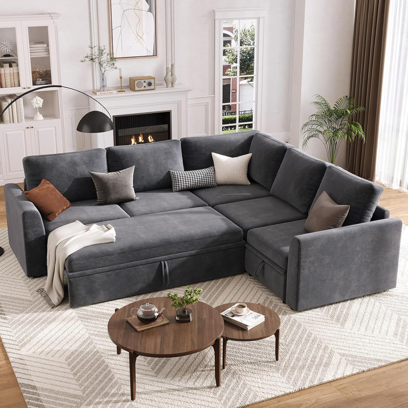 Canapé-lit modulaire avec lit escamotable, canapé modulaire en L chenille avec canapé escamotable, Chenille grise 