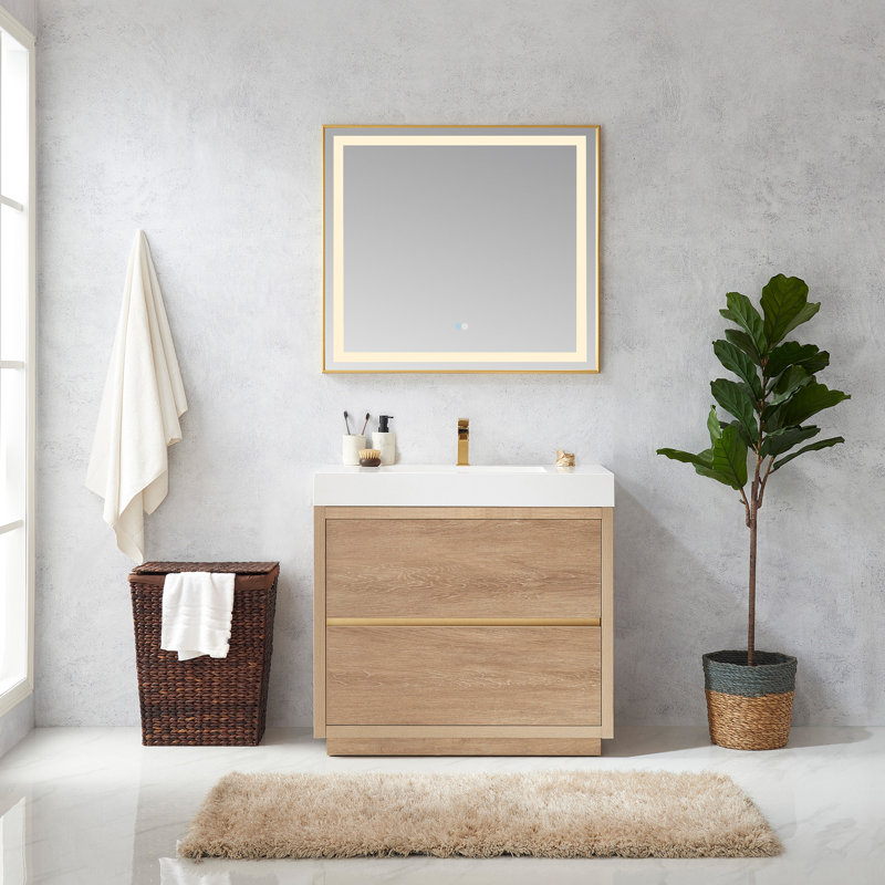 Beira Single Bathroom Vanity with Composite Top, North American Oak, White, 36"
