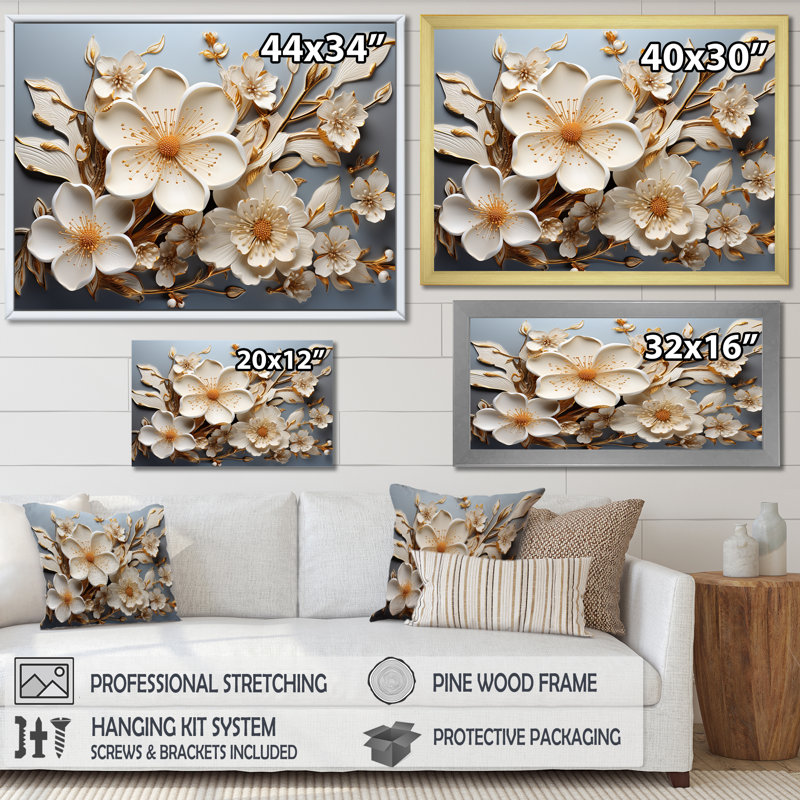 Orchidée blanche jardin de branches 11 - Art mural floral abstrait, H 30 po x l 40 po x P 1,5 po, Toile tendue